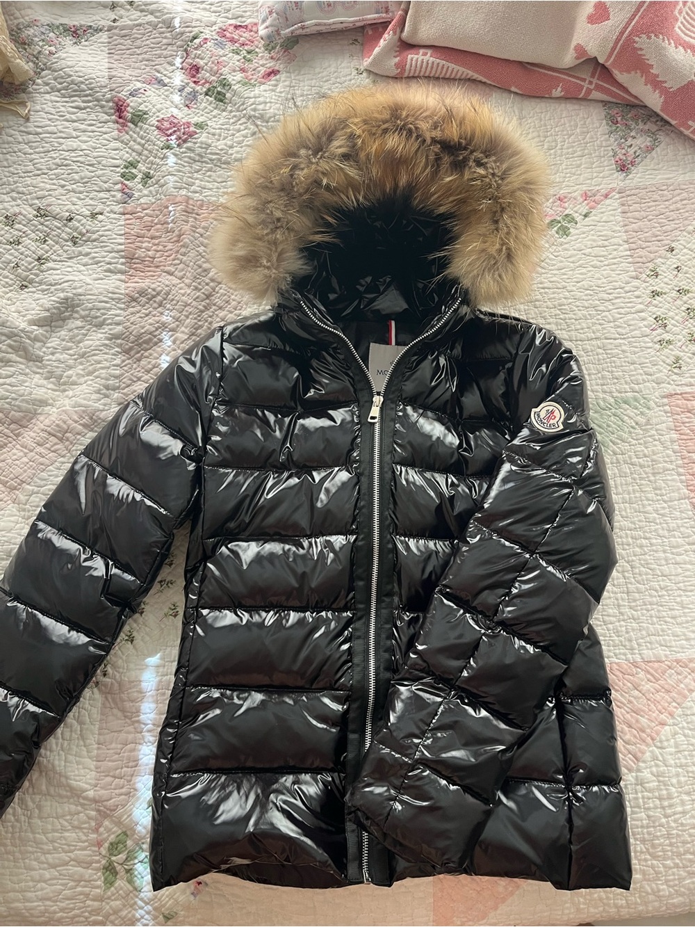 Moncler Black Glossy Puffer with Fur-Trim Hood